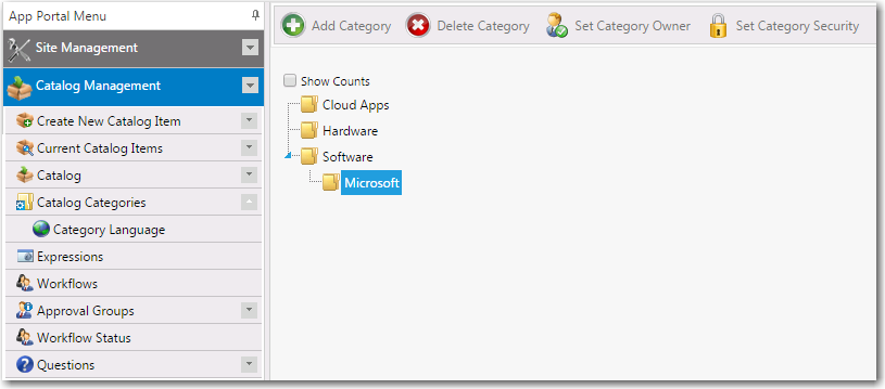 Catalog Categories Subview of Catalog Management